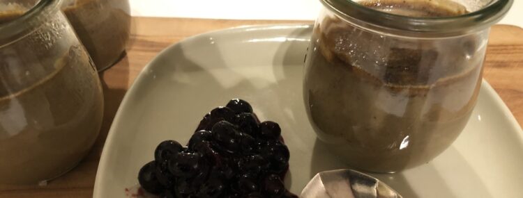 Black Sapote Baked Custard with Blueberry Compote